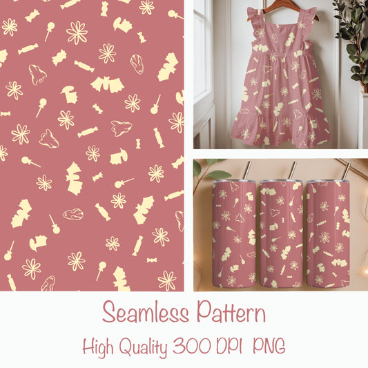Halloween Candy Toss Seamless Pattern – Cute Spooky Treats Design (Mauve Edition)
