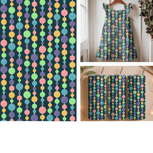 Pastel Glitter Garland Dots on Navy | Colorful Hanging Circles Seamless Pattern