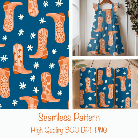 Wildflower Boots Seamless Pattern – Western Cowgirl Boot Print in Rust Orange & Deep Blue | Commercial Use Surface Design