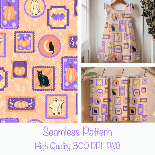 Vintage Halloween Gallery Seamless Pattern – Ghosts, Cats & Pumpkins