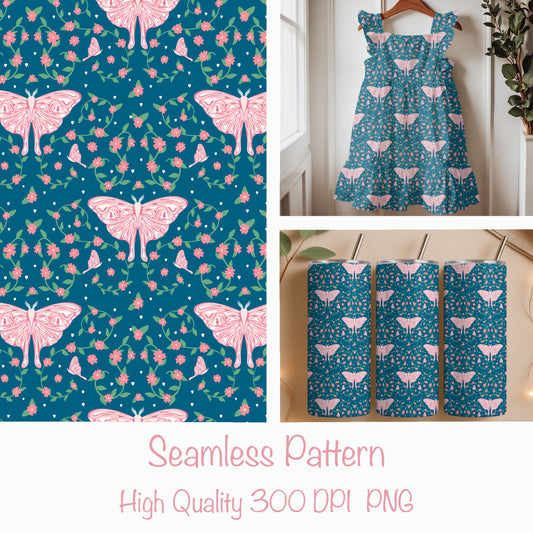Butterfly Garden Seamless Pattern PNG, Pink Butterfly Floral Digital Paper 12x12, Vintage Whimsical Fabric Design, Nursery & Cottagecore Print