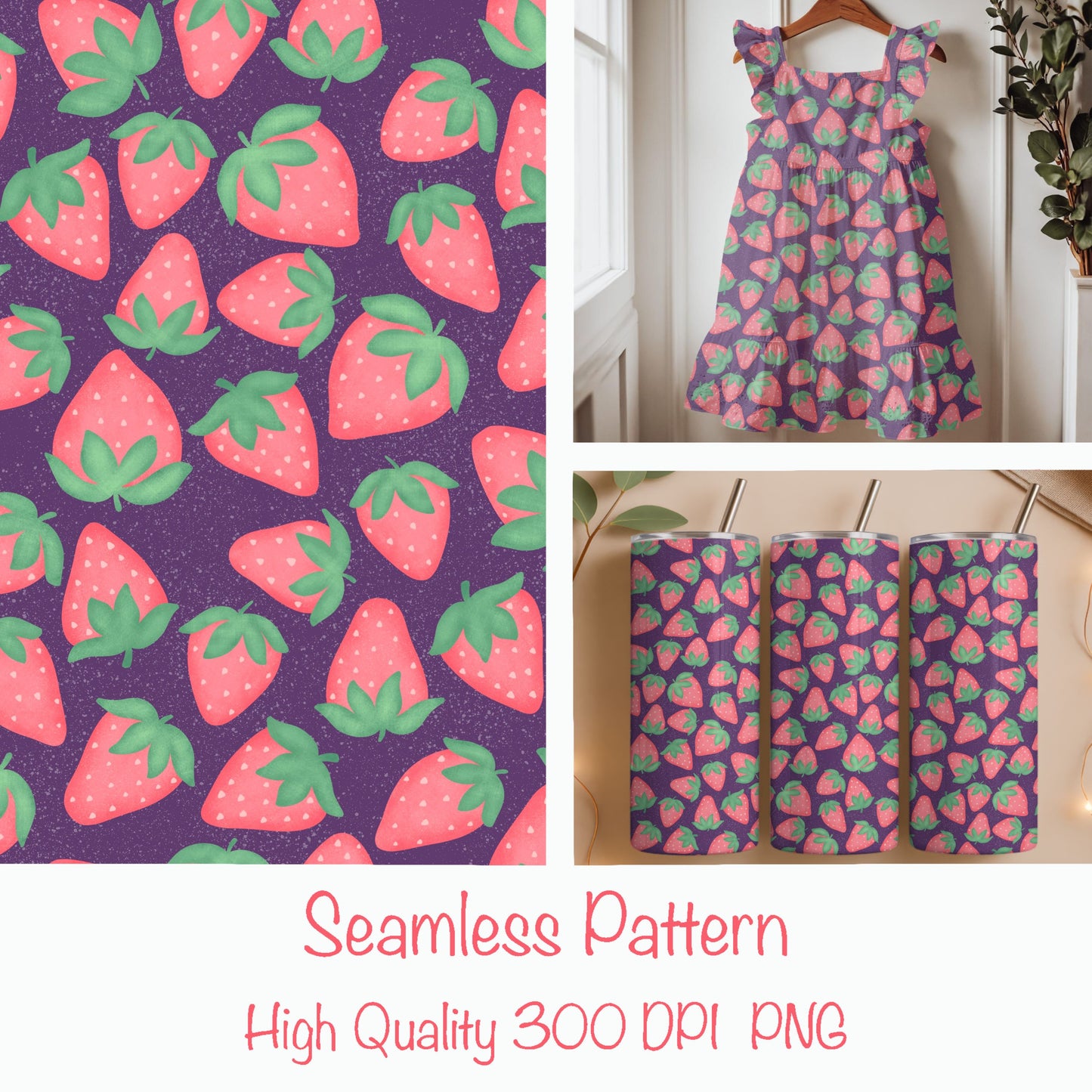 Seamless Strawberry Pattern PNG, Purple Hand Drawn Fruit Digital Paper 12x12, Cute Watercolor Style Surface Pattern for Fabric, Packaging, Commercial Use