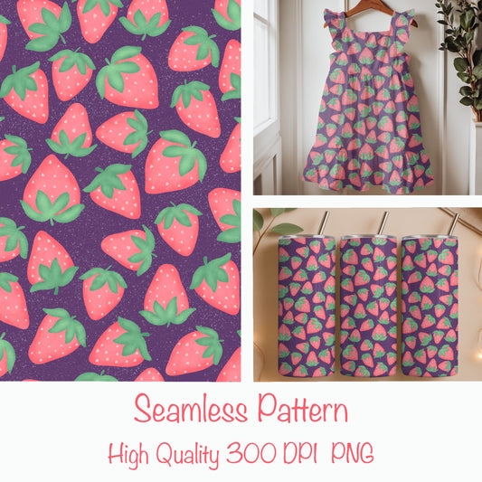 Seamless Strawberry Pattern PNG, Purple Hand Drawn Fruit Digital Paper 12x12, Cute Watercolor Style Surface Pattern for Fabric, Packaging, Commercial Use