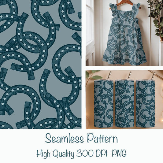 Blue Horseshoe Seamless Pattern – Western Teal Horseshoe Print on Dusty Blue | Commercial Use Surface Design
