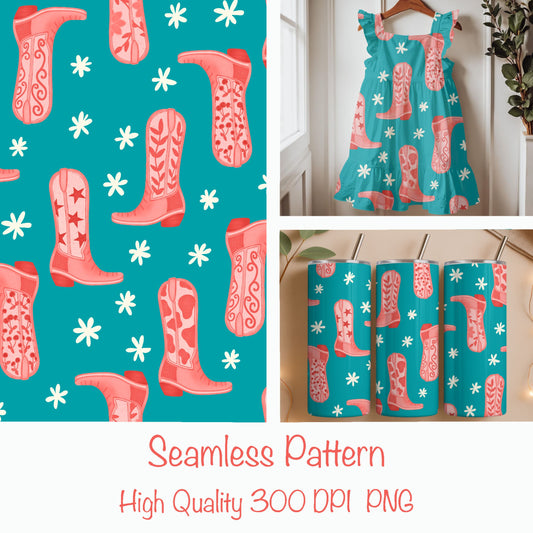 Wildflower Boots Seamless Pattern – Western Cowgirl Boot Print in Coral Pink & Teal | Commercial Use Surface Design