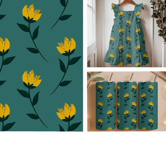 Golden Wildflowers on Teal | Minimal Floral Seamless Pattern