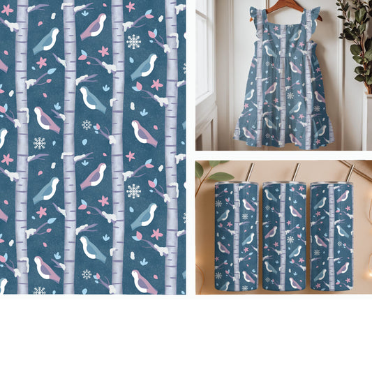 Winter Birds and Birch Trees | Snowy Woodland Seamless Pattern