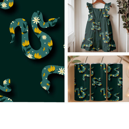 Floral Snakes with Yellow Wildflowers Seamless Pattern