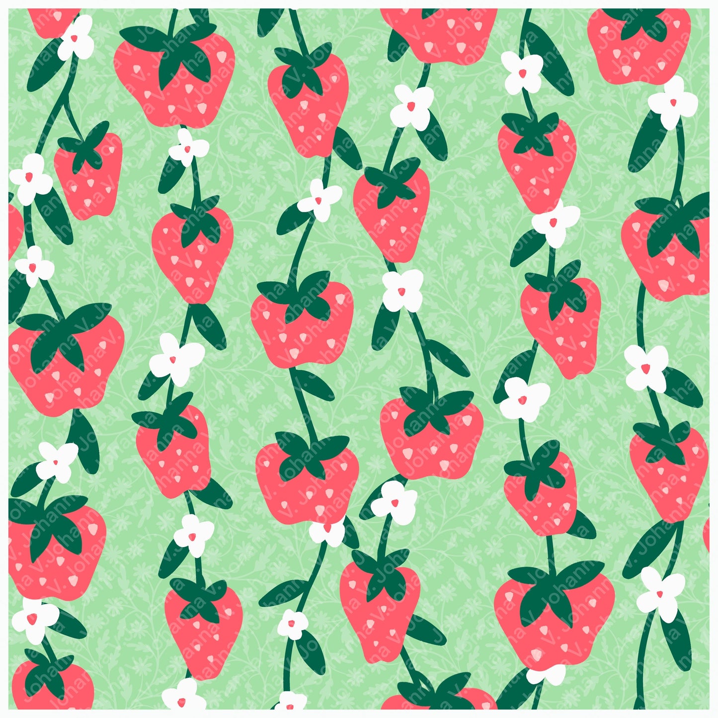 Seamless Strawberry Vine Pattern PNG, Green Botanical Fruit Digital Paper 12x12, Spring Floral Surface Pattern Design for Fabric, Packaging, Commercial Use