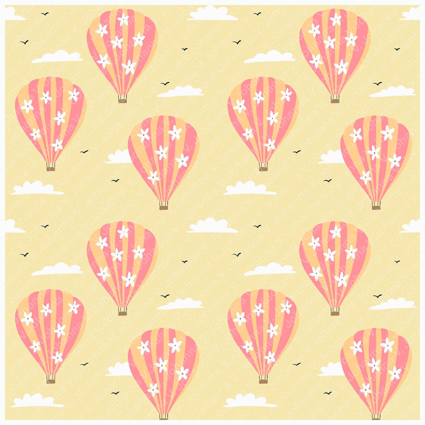 Seamless Hot Air Balloon Pattern PNG, Yellow Floral Sky Digital Paper 12x12, Dreamy Cloud Surface Pattern for Nursery, Fabric, Packaging, Commercial Use