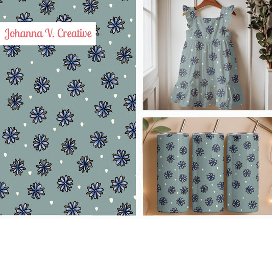 Blue Doodle Flower Seamless Pattern – Whimsical Floral on Muted Sage Green