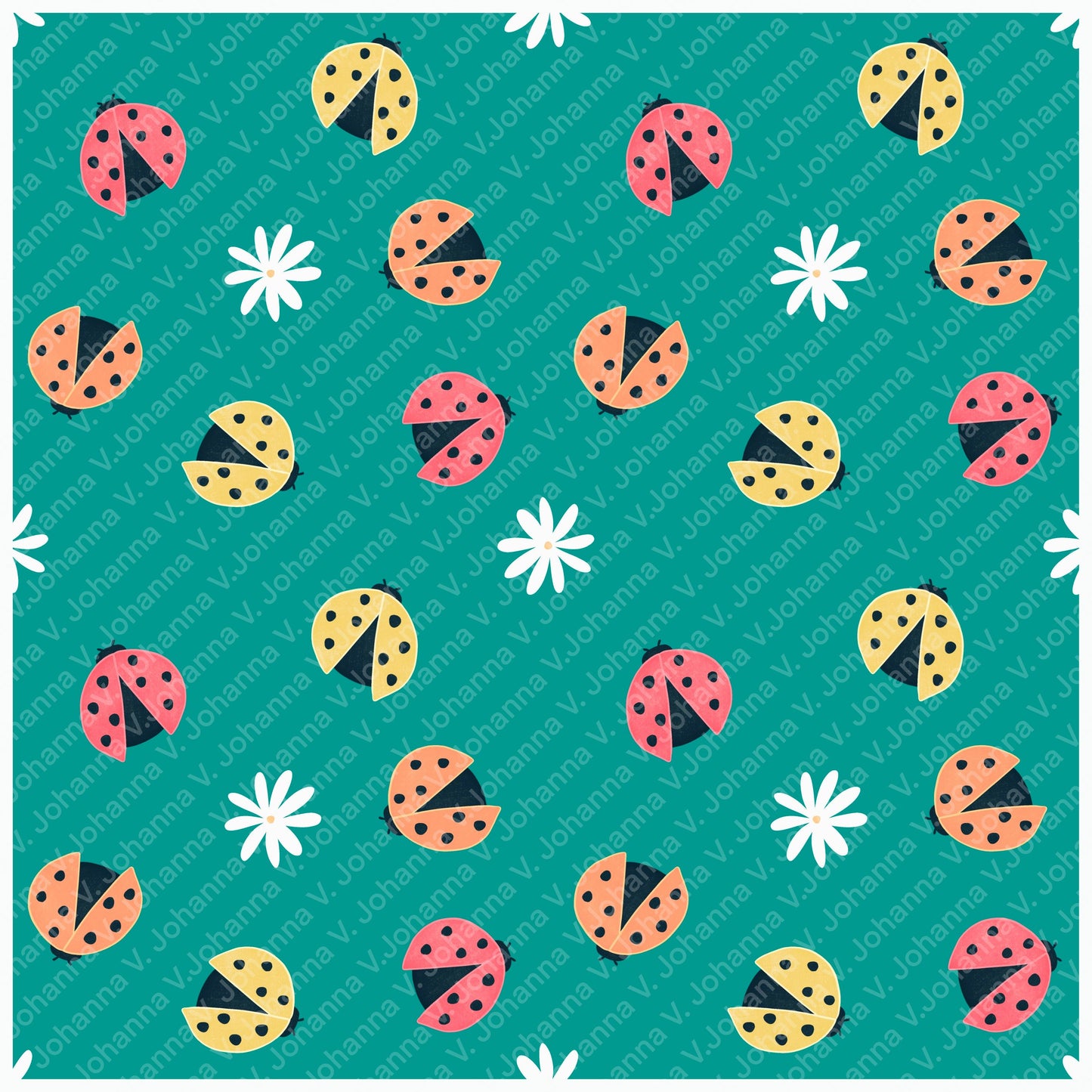 Seamless Ladybug Pattern PNG, Teal Cute Floral Bug Digital Paper 12x12, Whimsical Nature Surface Pattern for Fabric, Packaging, Kids Design, Commercial Use