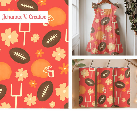 Football Season Red Seamless Pattern – Floral Game Day Football Helmet Sports Design