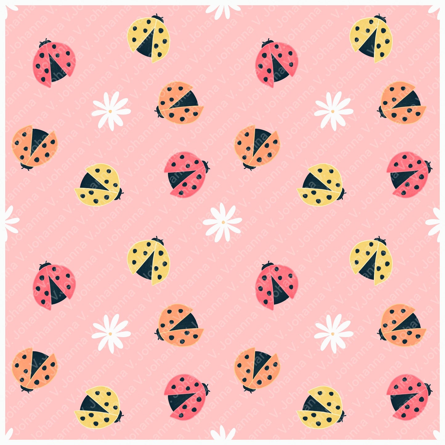 Seamless Ladybug Pattern PNG, Pink Cute Floral Bug Digital Paper 12x12, Whimsical Nature Surface Pattern for Fabric, Nursery, Packaging, Commercial Use