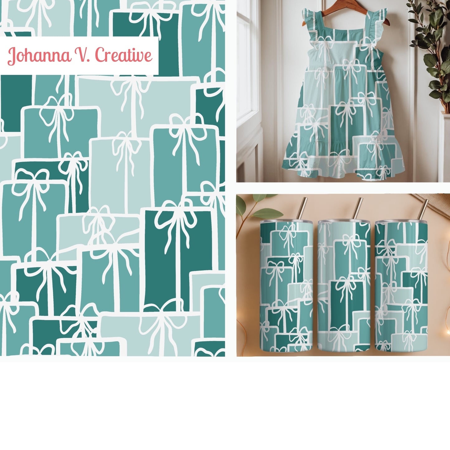 Christmas Presents Seamless Pattern – Teal & Aqua Gift Boxes with Hand-Drawn Bows