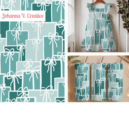 Christmas Presents Seamless Pattern – Teal & Aqua Gift Boxes with Hand-Drawn Bows