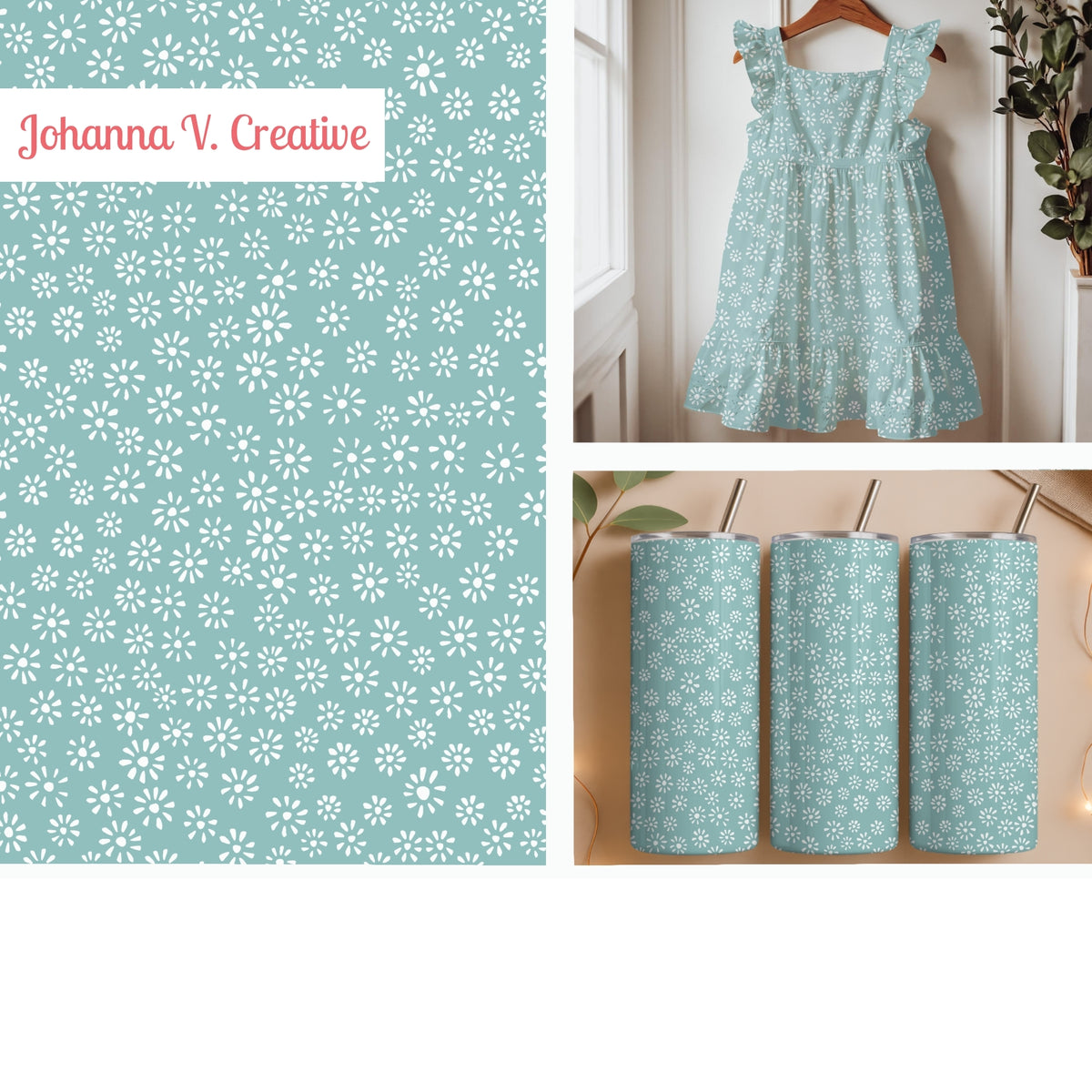 Sage Green Ditsy Daisy Seamless Pattern – Tiny White Floral Background