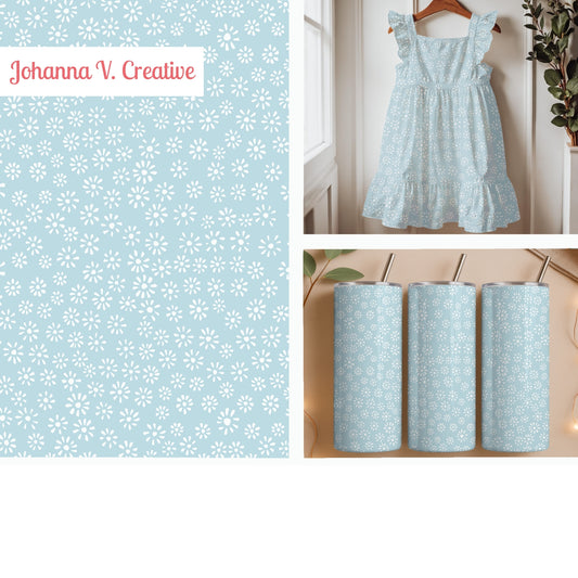 Light Blue Ditsy Daisy Seamless Pattern – Tiny White Floral Background