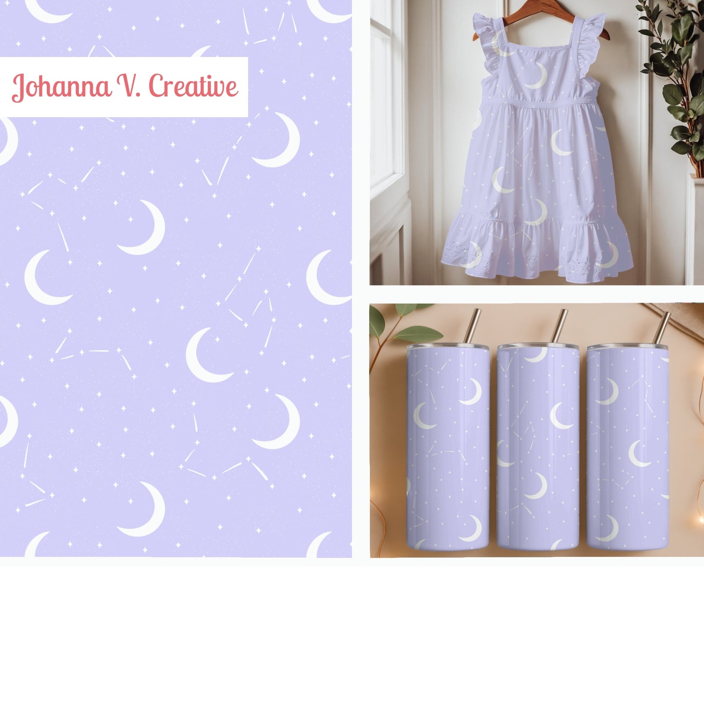 Celestial Moon in Light Lavender Seamless Pattern – Crescent Moons, Stars & Constellations