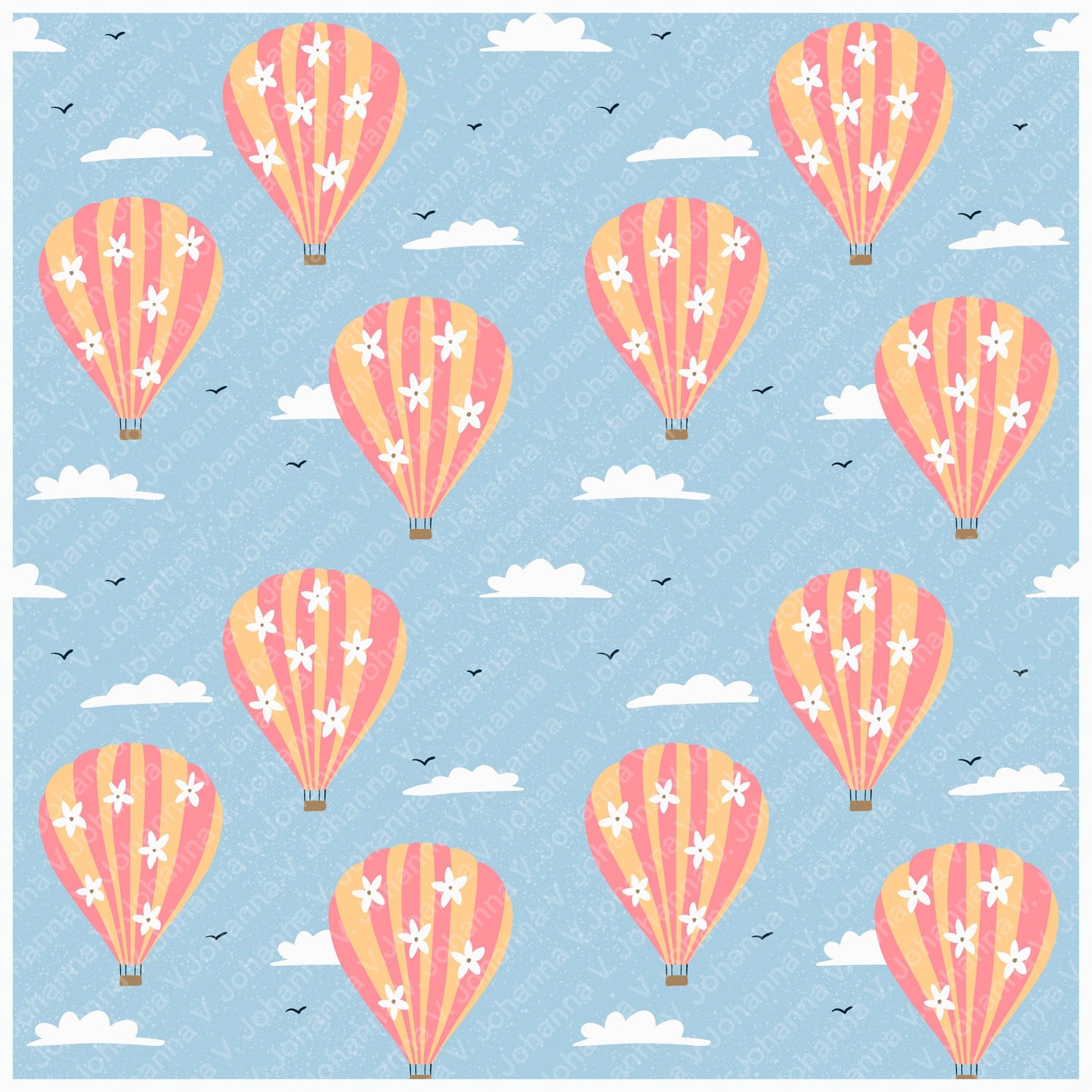 Seamless Hot Air Balloon Pattern PNG, Blue Floral Sky Digital Paper 12x12, Dreamy Cloud Surface Pattern for Nursery, Fabric, Packaging, Commercial Use