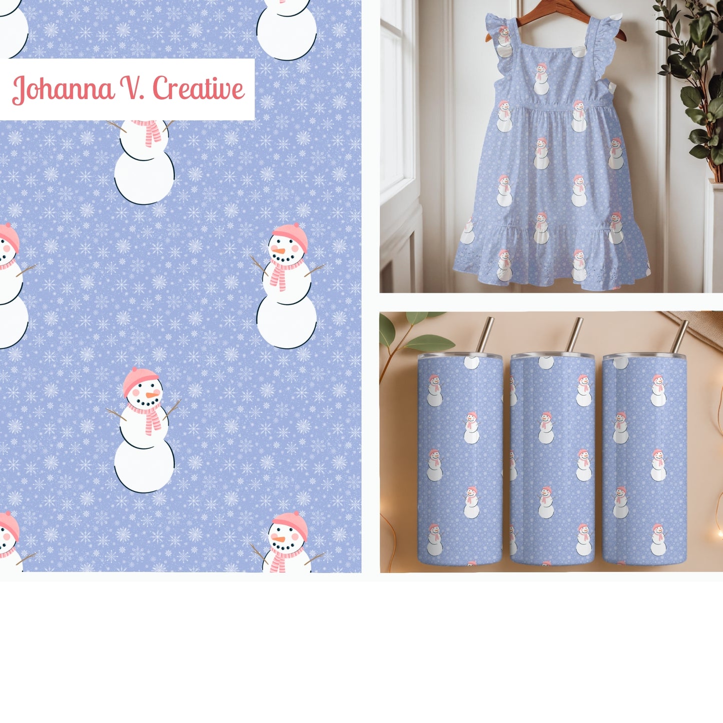 Pink Snowman Winter Seamless Pattern – Whimsical Snowflake Christmas Design