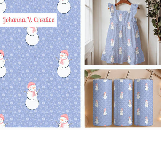 Pink Snowman Winter Seamless Pattern – Whimsical Snowflake Christmas Design