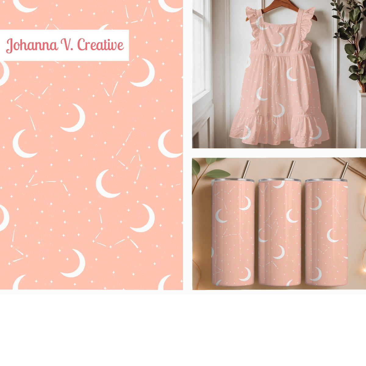 Peach Celestial Moon Seamless Pattern – Crescent Moons, Stars & Constellations