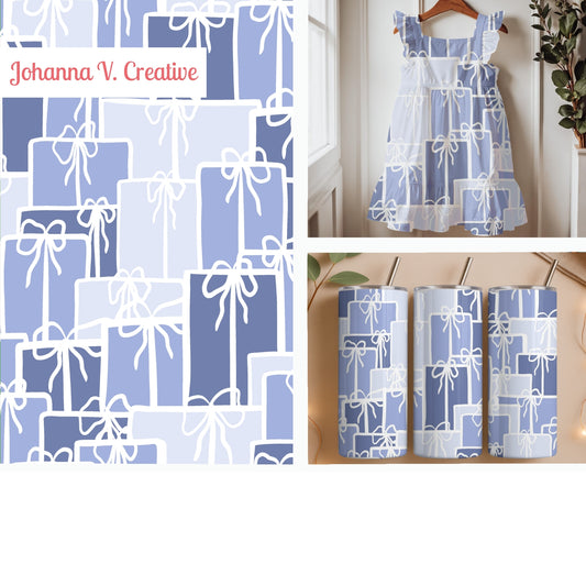 Christmas Presents Seamless Pattern – Periwinkle & Lavender Gift Boxes with Hand-Drawn Bows