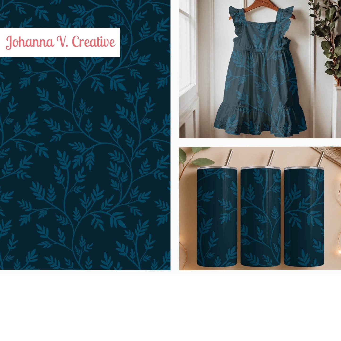 Midnight Blue Botanical Vine Seamless Pattern – Dark Moody Leaf Background