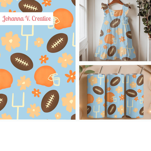 Football Season Light Blue Seamless Pattern – Floral Game Day Football & Helmet Design