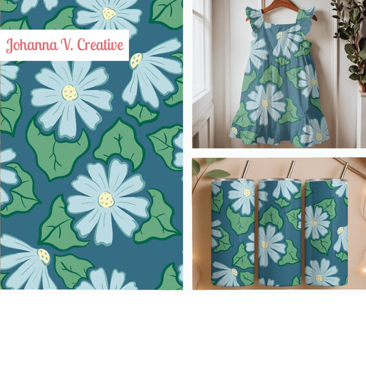 Spring Flowers Seamless Pattern – Blue & Pink Whimsical Garden Floral Design