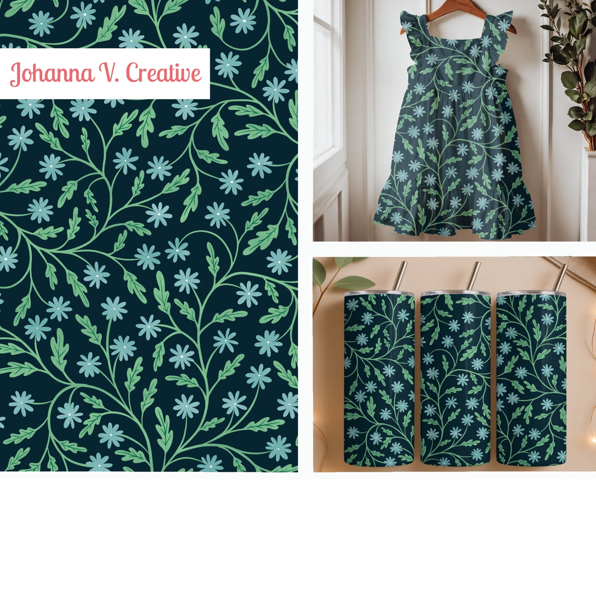 Midnight Blue Wildflower Vine Seamless Pattern – Moody Blue Botanical Floral Design