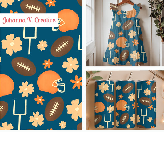 Floral Football Seamless Pattern – Blue & Orange Game Day Sports Design