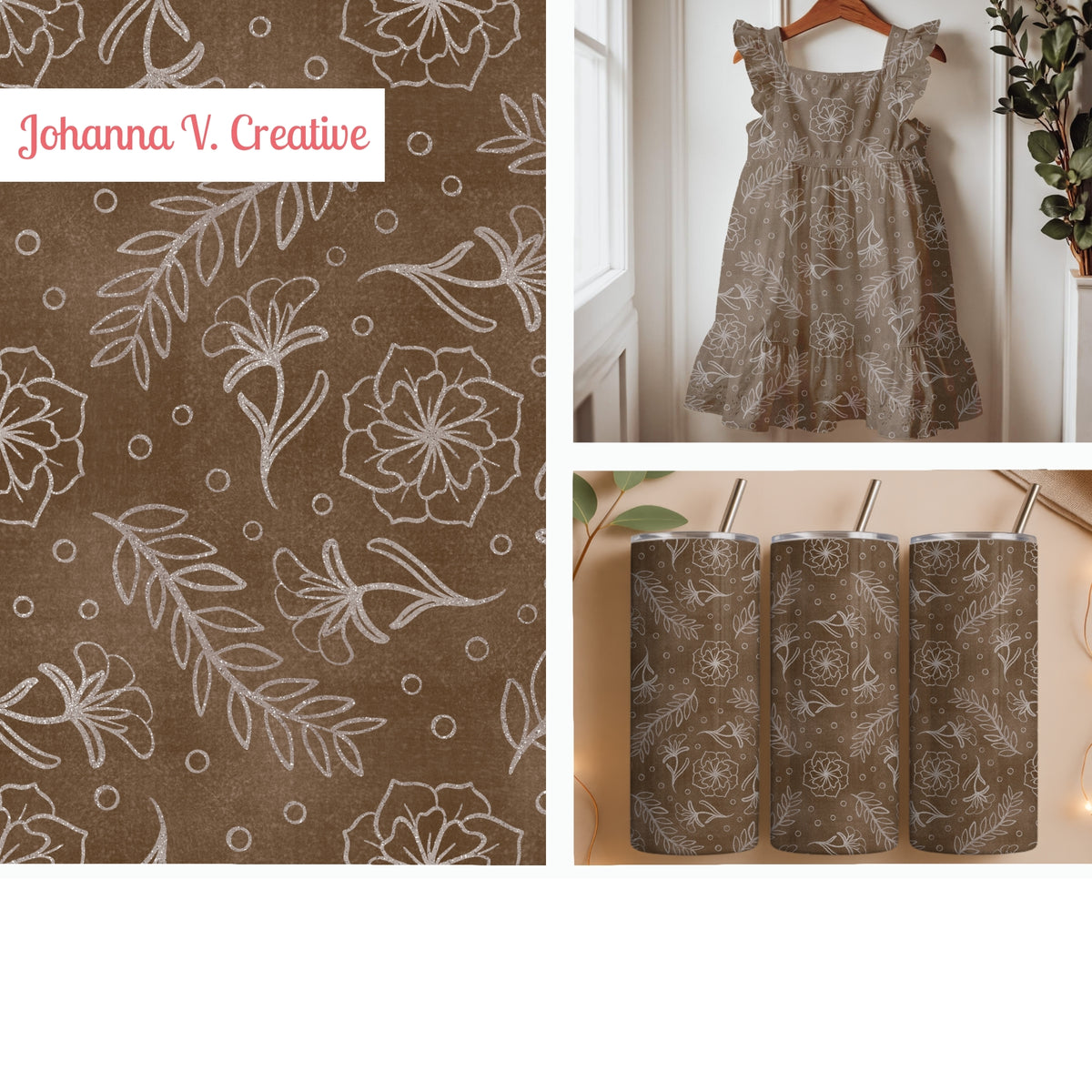 Warm Brown Botanical Floral Seamless Pattern – Neutral Hand Drawn Wildflower & Leaf Design
