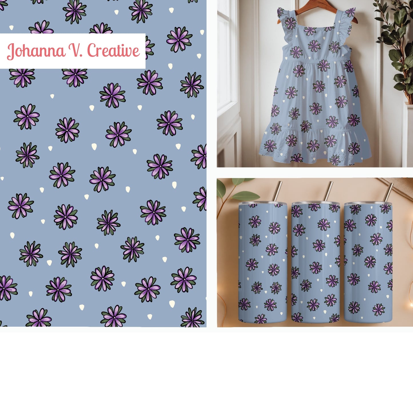 Purple Doodle Flower Seamless Pattern – Whimsical Floral on Dusty Blue