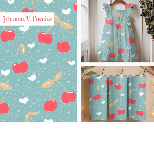 Seamless Cherry Heart Pattern Blue