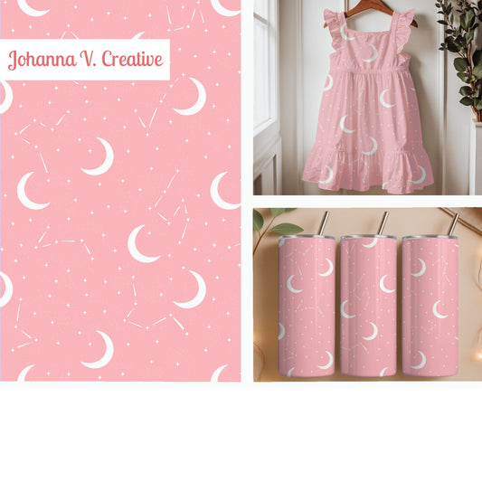 Pink Celestial Moon Seamless Pattern – Crescent Moons, Stars & Constellations