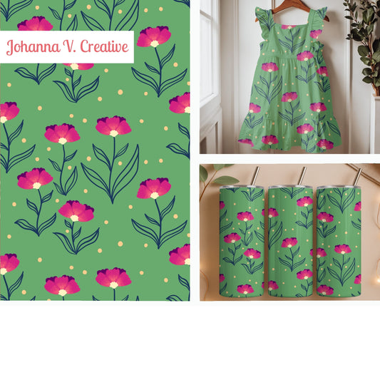 Garden Flowers Seamless Pattern – Pink & Blue Whimsical Botanical Floral Design