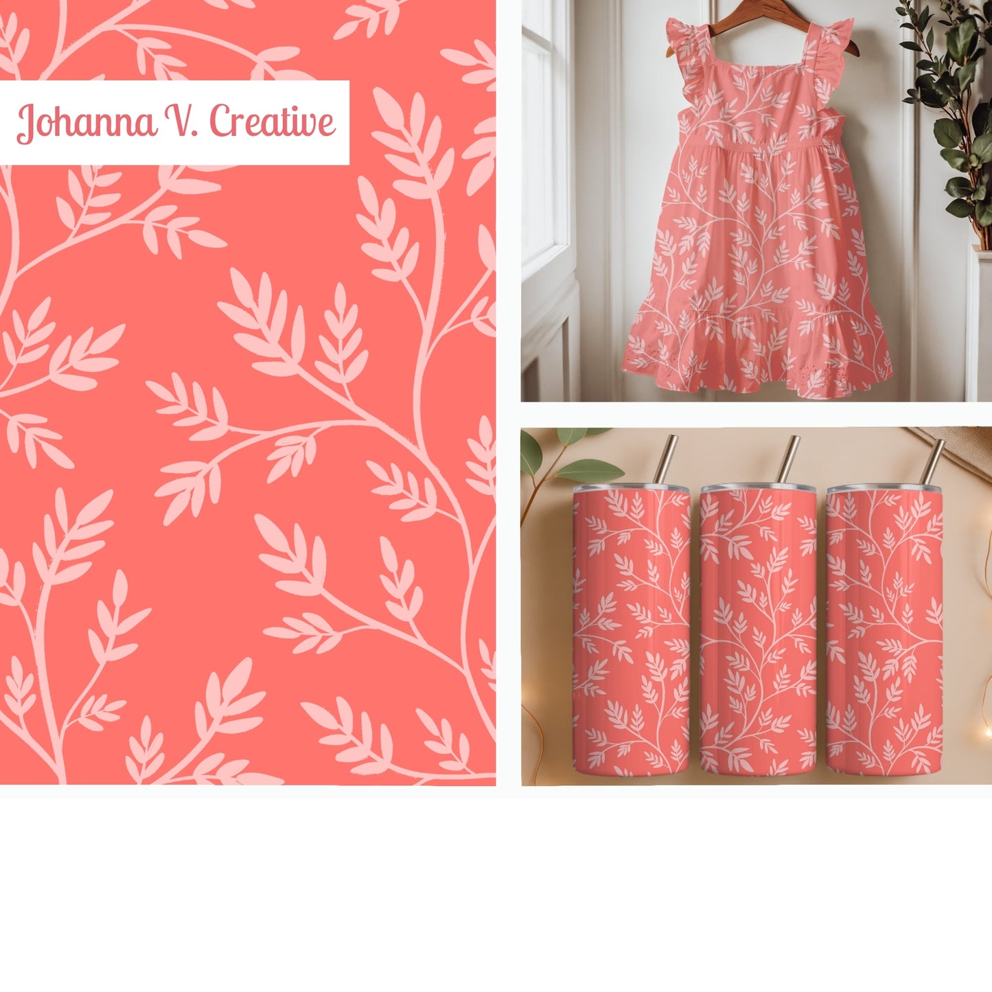 Coral Botanical Seamless Pattern – Blush Pink Leafy Branches Minimal Floral