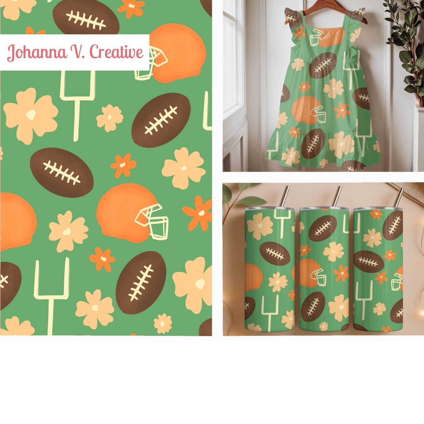 Football Season Green Seamless Pattern – Floral Game Day Football & Helmet Design