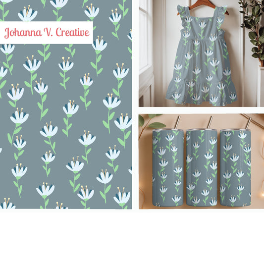 Dusty Blue Whimsical Wildflower Seamless Pattern – Soft Blue Floral Botanical Design