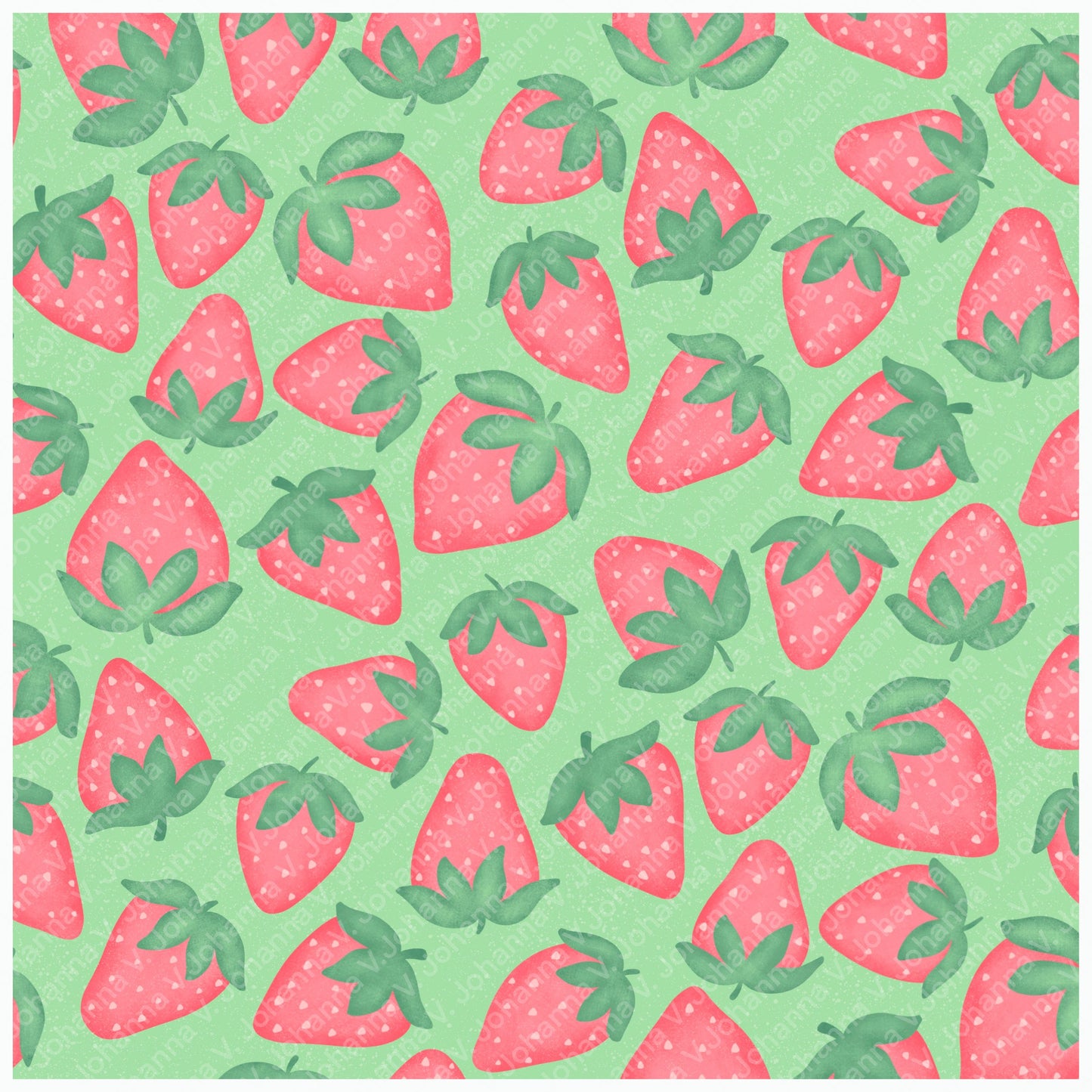 Seamless Strawberry Pattern PNG, Green Hand Drawn Fruit Digital Paper 12x12, Cute Watercolor Style Surface Pattern for Fabric, Packaging, Commercial Use