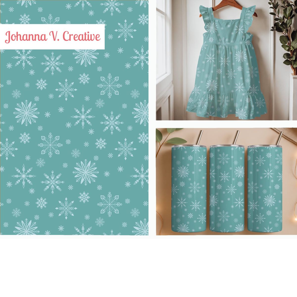 Teal Snowflake Seamless Pattern – Aqua Winter Snow & Ice Crystal Design