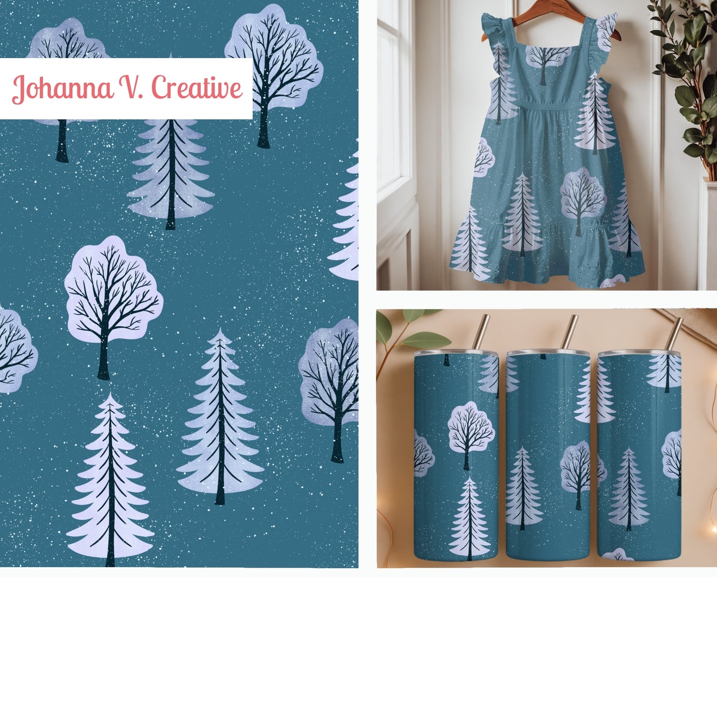 Forest Light Seamless Pattern – Snowy Winter Trees in Icy Blue & Lavender