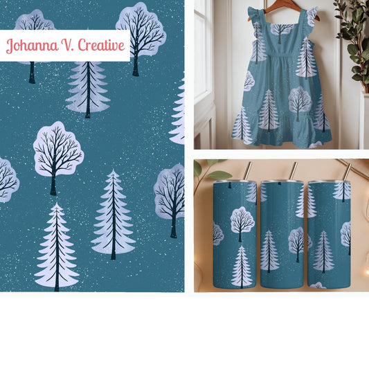 Forest Light Seamless Pattern – Snowy Winter Trees in Icy Blue & Lavender