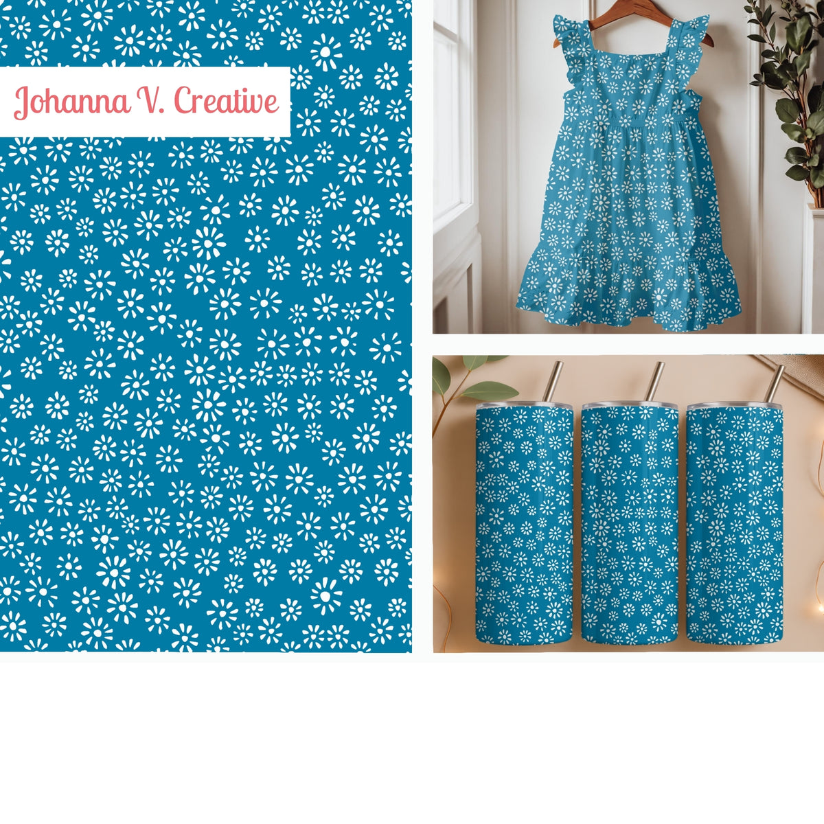 Deep Blue Ditsy Daisy Seamless Pattern – Tiny White Floral Background