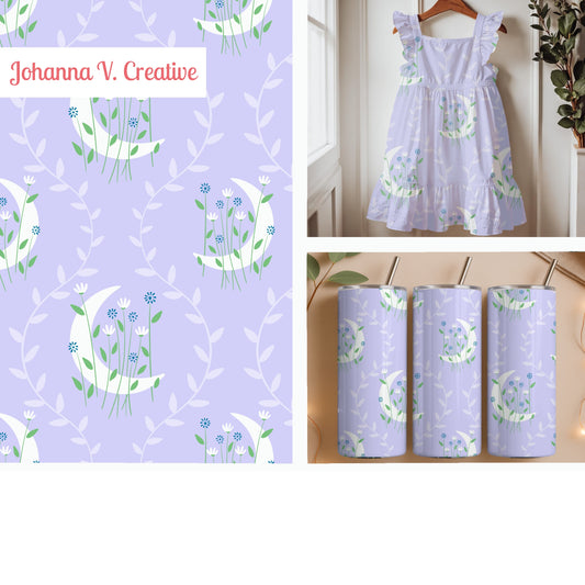 Botanical Crescent Moon Seamless Pattern – Lavender Celestial Wildflower Design