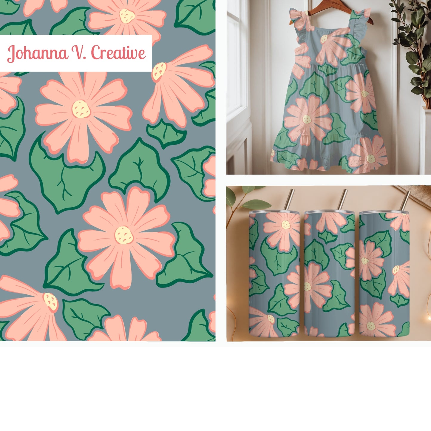Pink Wildflower Seamless Pattern – Coral Flowers Green Leaves on Dusty Blue