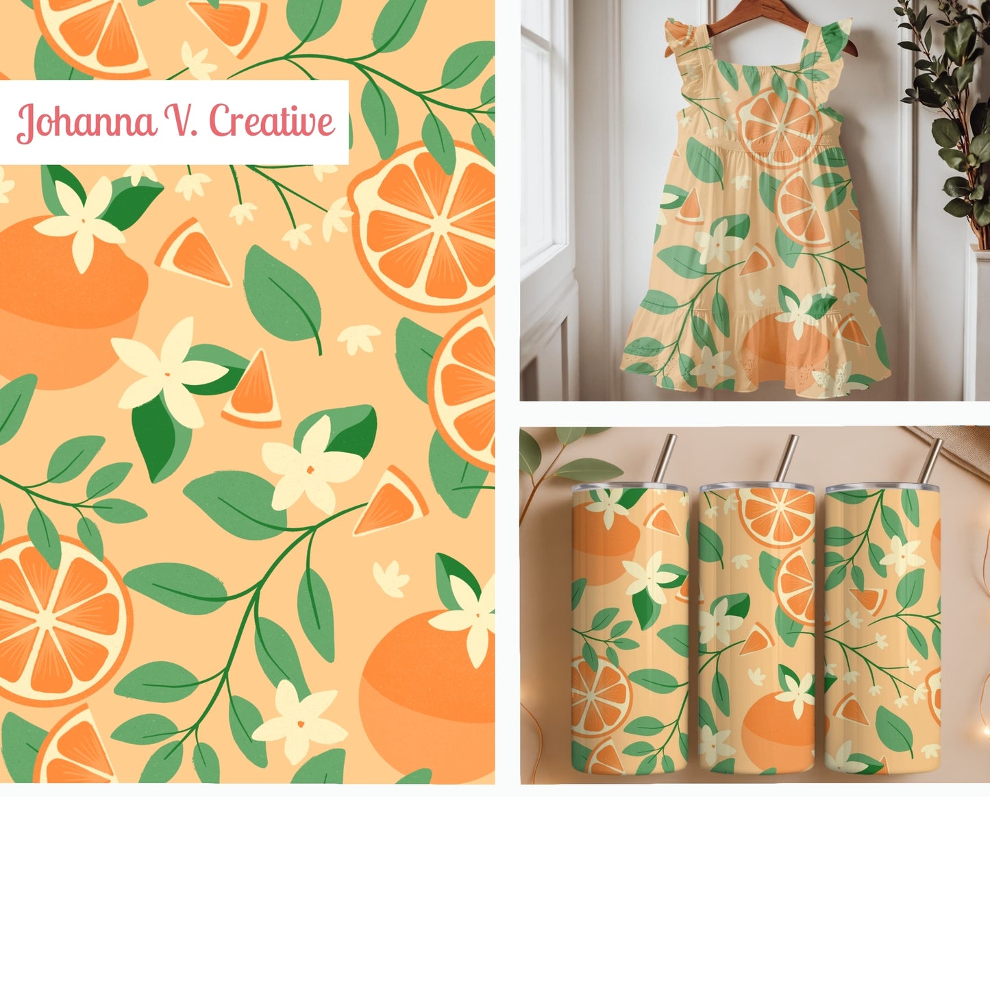 Orange Blossom Seamless Pattern – Citrus Fruit Flowers & Green Botanical Leaves