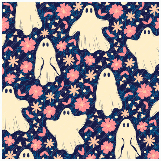 Floral Ghost Seamless Pattern – Cute Spooky Ghosts with Flowers (Midnight Blue Edition)